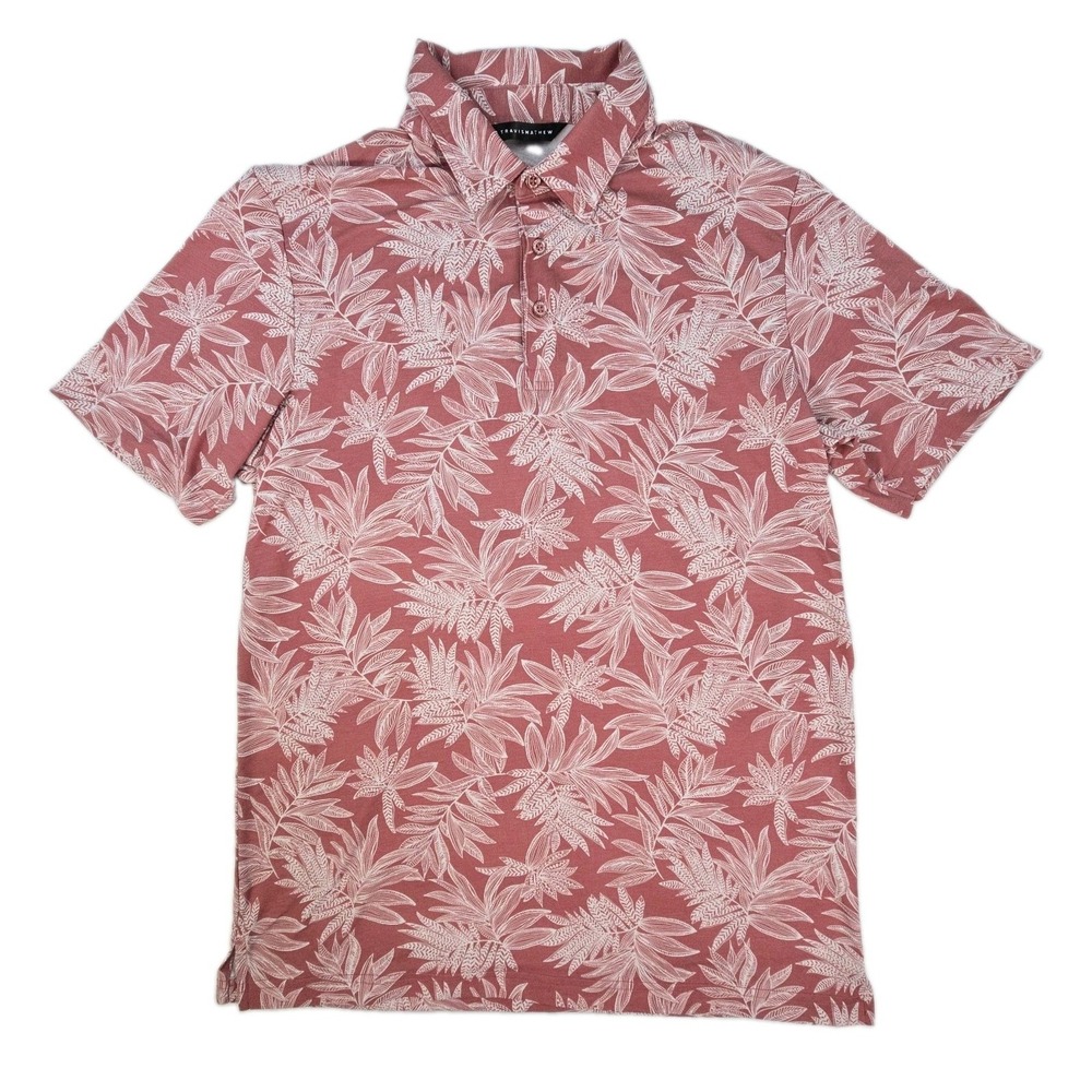 TravisMathew Polo Shirt Men's Medium Pink White Tropical Golf Stretch Peru